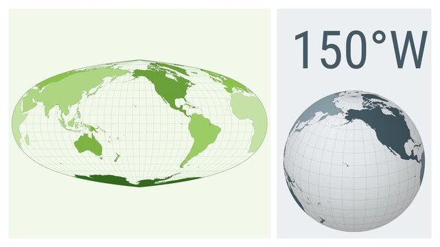 World Map Animation. Foucaut sinusoidal projection. Colored continents style. Animated world map in Foucaut Sinusoidal projection. Loopable animation showing longitude shift and matching globe.