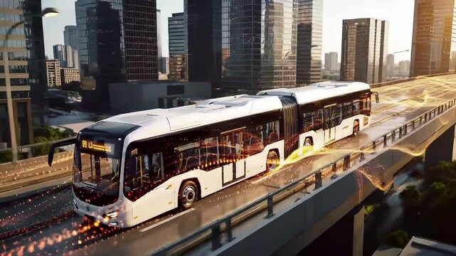 Modern articulated public transit bus on elevated guideway through urban downtown district. Contemporary white passenger vehicle with skyscrapers, sustainable city transportation system.