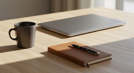 Organized desk with coffee and notebook