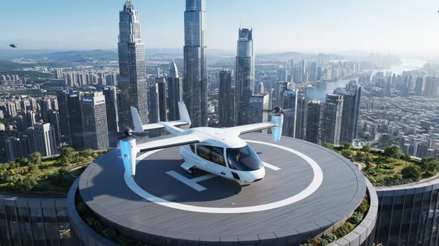 Futuristic EVTOL Passenger Transport in Metropolis - A sleek, white electric vertical takeoff and landing (EVTOL) aircraft rests on a rooftop helipad overlooking a sprawling futuristic metropolis.