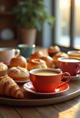 vibrant coffee cups nestled among artisan pastries colorful treats bakery indulgence breakfast platter delightful flavors, pastry, sweet, sugar, flour
