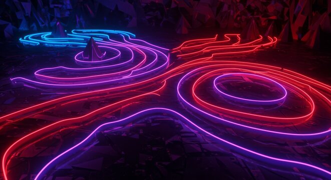 Vibrant Neon Lines Abstract Art: Red and Blue Glowing Trails on Dark Crystalline Surface