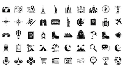 Sightseeing Trip Vector Icon Set – Adjustable Line Icons of Travel, Camera, Map, Monuments, Museums, and Adventure