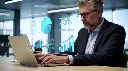 Professional businessman analyzing business analytics dashboard with financial data visualization, growth charts, performance metrics on laptop. Corporate executive reviewing kpi statistics - Powered by Adobe