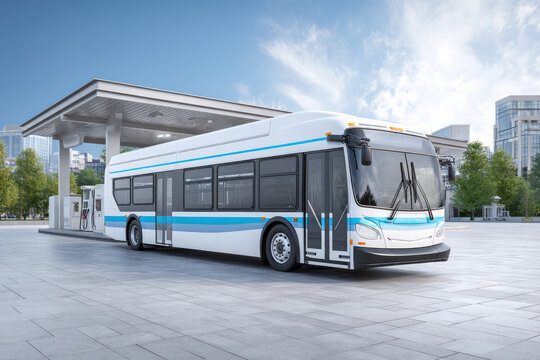 Urban transportation concept: environmental-friendly natural gas bus refueling at city cng station for sustainable energy solutions and eco-friendly mass transit design