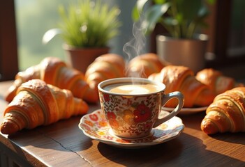 vibrant colorful coffee cup surrounded golden croissants delicious breakfast pastry delight, biscuit, bakery, cuisine, food, creamy, foam, steamy, mug