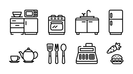 Kitchen Utensils and Appliances Line Art Illustration for Modern Home Decor and Food Related Designs Graphic Elements for Digital Projects