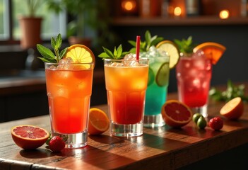 Fototapeta premium vibrant colorful craft cocktails elegantly presented rustic wooden table surrounded fresh ingredients creative glassware, drink, tropical, bar, fruit
