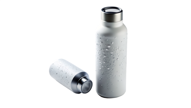 Two white speckled reusable water bottles with metal caps isolated on transparent background