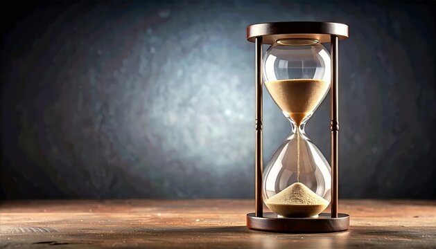 Time's Delicate Dance: An hourglass, symbolizing the passage of time, stands elegantly on a wooden surface against a moody, textured backdrop, reminding of life's fleeting moments.