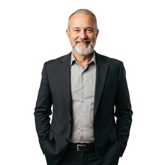 Professional business man confidently poses wearing a sharp dark suit and light gray shirt smiling directly at camera transparent background