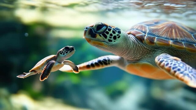 Close-up of sea turtle and hatchling swimming underwater in crystal clear ocean. Mother's Day, Mothering Sunday, Dia de la Madre - Global Maternal Celebration, Worldwide Family Holiday