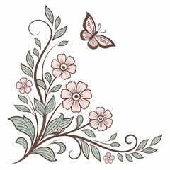 Vintage corner floral ornament with flying butterfly for greeting card