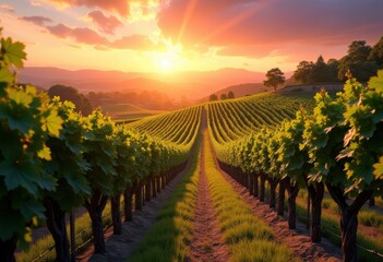 Naklejka premium vibrant grape vines rolling hills lush vineyard landscape sunset colors bountiful nature scenery wine country, bunch, leaf, horizon, field, texture, ripe