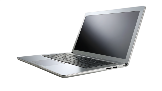 Modern silver laptop computer notebook technology device with screen and keyboard isolated on transparent background
