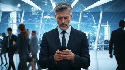 Professional businessman using smartphone in modern office with digital network connections. Corporate executive communicating via mobile technology in futuristic business environment. - Powered by Adobe