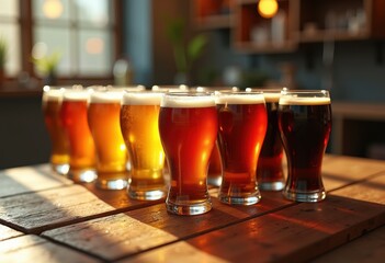 vibrant craft beer flight colorful selection rustic textured wood table perfect beer enthusiasts, brew, tasting, liquid, glass, jug, pint, amber, lager
