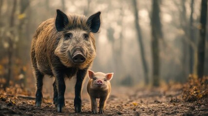 Wild boar and piglet walking together in a forest pathway. Mother's Day, Mothering Sunday, Dia de la Madre - Global Maternal Celebration, Worldwide Family Holiday