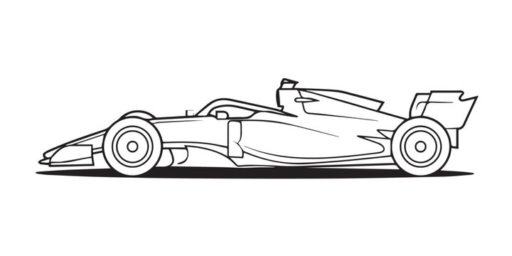 minimalist formula 1 race car illustration in black and white vector format emphasizing sleek lines and aerodynamic