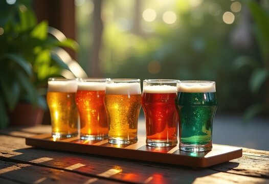 vibrant multicolored craft beer tasting flight palate adventure artistry brew experience, brewery, brews, flavor, sampler, gel, glass, cider, foam