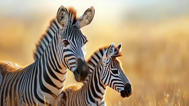 Mother zebra with foal in a golden sunset savanna landscape. Mother's Day, Mothering Sunday, Dia de la Madre - Global Maternal Celebration, Worldwide Family Holiday