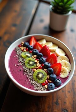 vibrant smoothie bowl delight colorful fruit toppings refreshing healthy breakfast experience, banana, berry, kiwi, mango, pomegranate, chia, raspberry