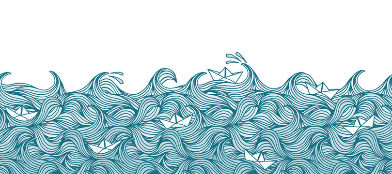 Paper Boats on Abstract Ocean Waves Illustration (can be tiled horizontally)