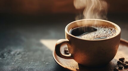 Cozy wooden table with hot coffee cup near window