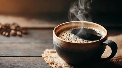 Cozy wooden table with hot coffee cup near window