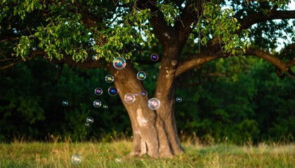 Colorful soap bubbles dance around a large tree in a grassy field, creating a vibrant and joyful scene.