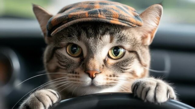 Funny cat wearing cap holds paws on the steering wheel in car, pet driving vehicle concept for humor and road trip advertisement or blog