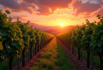 Fototapeta premium vibrant vineyard rows sunset glow dramatic colors nature landscape wine grapes fields horizon, silhouette, countryside, harvest, vista, flora, scenery