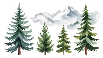 Obraz premium Collection of Watercolor Evergreen Trees and Snowy Mountain Landscape pine