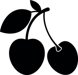 Cherry-Plum Silhouette with Paired Fruits, Stem, and Leaves