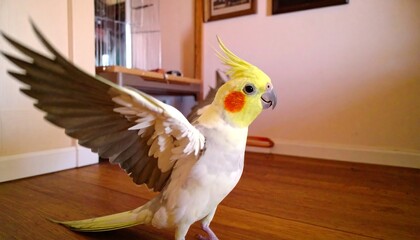 A cockatoo with outstretched wings, showcasing its vibrant plumage and playful expression, stands on a light-brown wooden floor against a pale-yellow wall.