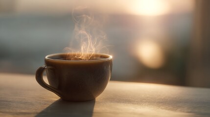 Warm sunrise light on steaming morning coffee cup scene