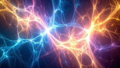 Vibrant, glowing network of energy threads in contrasting warm and cool tones creates a dynamic abstract design.
