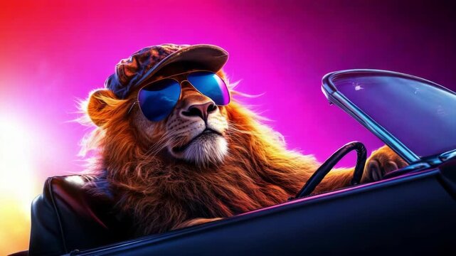 Lion wearing sunglasses and cap driving car with speed light streaks. Animal character in vehicle journey. Dynamic motion neon color effect