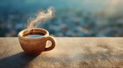 Rustic style handmade ceramic coffee cup with rising steam