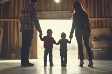 A family of four, including two small children, stand in a large, empty room. Scene is one of warmth and togetherness, as the family members hold hands and look at the camera. The setting of the image