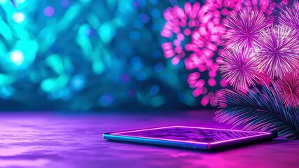 Vibrant smartphone textured surface, surrounded by colorful fireworks and glowing lights, creates festive celebration of technology and digital joy - Powered by Adobe
