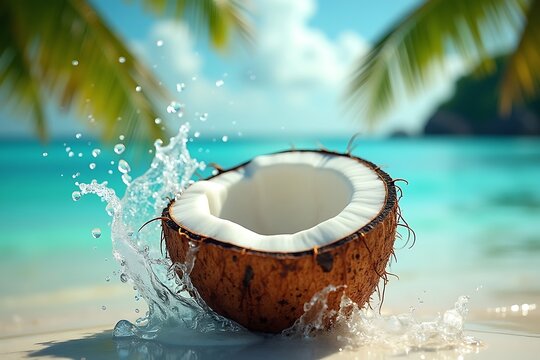 Fresh coconut splashing water on a tropical beach paradise