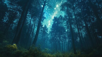 Fototapeta premium A serene forest scene under a starry night sky, illuminated by ethereal blue tones, creating a mystical and tranquil atmosphere.