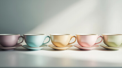 Charming pastel tea cups lined up with elegant gold trim, perfect for cozy moments.