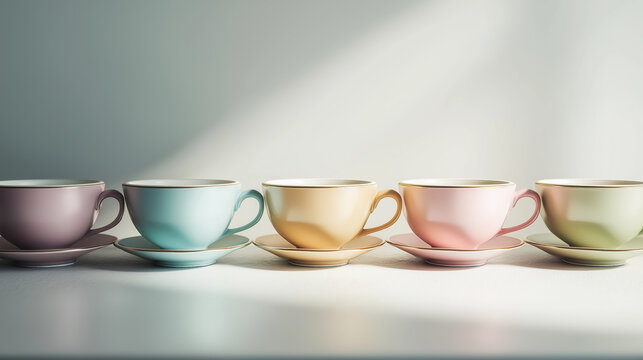 Charming pastel tea cups lined up with elegant gold trim, perfect for cozy moments.