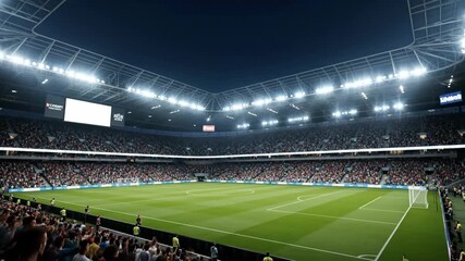 Night Football Stadium: Packed Arena - A wide shot of a full illuminated football stadium at night. The stands are packed with spectators, and the field is brightly lit, ready for a game. - Powered by Adobe