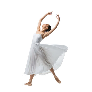 Elegant ballerina dancing in white dress performing ballet moves professional dancer dance studio performance on transparent background