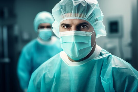 Surgeons wearing protective clothing preparing for surgery in operating room - Powered by Adobe