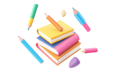 Creative 3D rendering of cartoon pencils and books floating together symbolizing study school preparation knowledge and playful educational concept artwork isolated on transparent background PNG