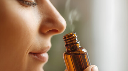 Happy woman smelling essential oil from a bottle, smelling aromatherapy oil, Fragrance and scent, Essential oil for aromatherapy. Relaxing concept
